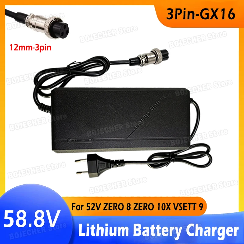 52V 14S 58.8V 2A Lithium Battery Charger With 12mm-3pin GX16 Connector For ZERO 8 ZERO 9 ZERO 10X VSETT 9 Li-ion Battery Charger
52V 14S 58.8V 2A Lithium Battery Charger With 12mm-3pin GX16 Connector For ZERO 8 ZERO 9 ZERO 10X VSETT 9 Li-ion Battery Charger