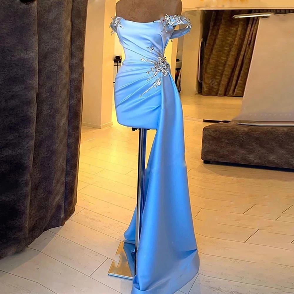 Elegant Sky Blue Cocktail Dresses Off the Shoulder Satin Gown Mini Sheath Crystal Draped Train Short Party Dress
Elegant Sky Blue Cocktail Dresses Off the Shoulder Satin Gown Mini Sheath Crystal Draped Train Short Party Dress