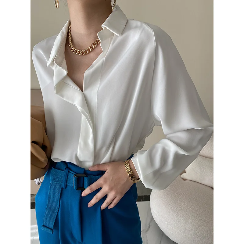 Elegant Women Satin Blouses Tops Ladies Work Wear Asymmetric Collar Loose Shirts Blusas 2022 Spring
Elegant Women Satin Blouses Tops Ladies Work Wear Asymmetric Collar Loose Shirts Blusas 2022 Spring