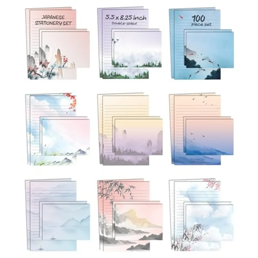 Mini Stationery Set of 100, Japanese Stationery Paper 50 Lined Sheets + 50 Matching Envelopes,5.5 x 8.25 inch, 9 Designs, Doubl
Mini Stationery Set of 100, Japanese Stationery Paper 50 Lined Sheets + 50 Matching Envelopes,5.5 x 8.25 inch, 9 Designs, Doubl