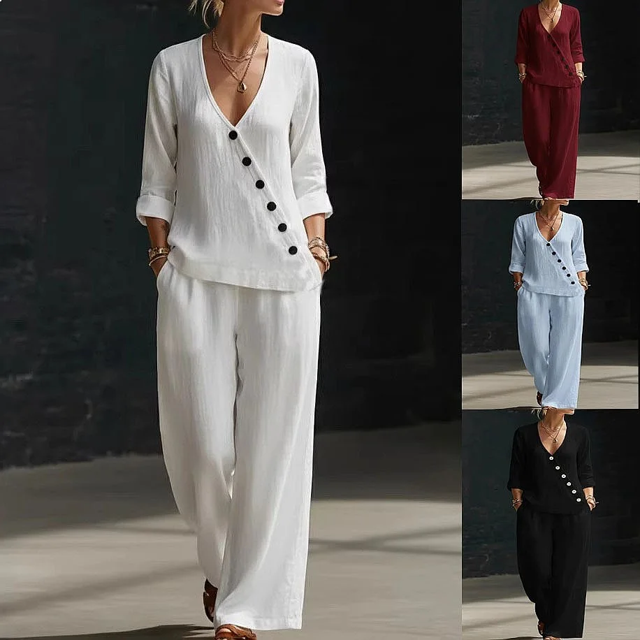 2026 Spring Summer Women Matching Set Cotton Linen V Neck Blouse Top Wide Leg Pants Two Piece Suit
2026 Spring Summer Women Matching Set Cotton Linen V Neck Blouse Top Wide Leg Pants Two Piece Suit