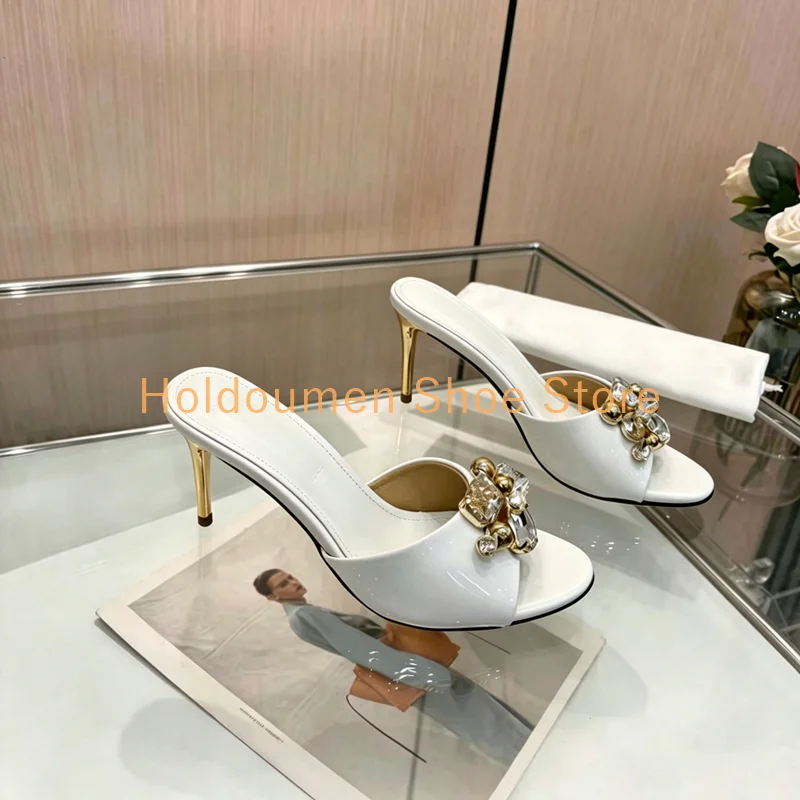Women's Patent Leather Mule Heels Crystal Embellished Peep Toe Stiletto Sandal Elegant Slip-On High Heel Mules for Party Wedding
Women's Patent Leather Mule Heels Crystal Embellished Peep Toe Stiletto Sandal Elegant Slip-On High Heel Mules for Party Wedding