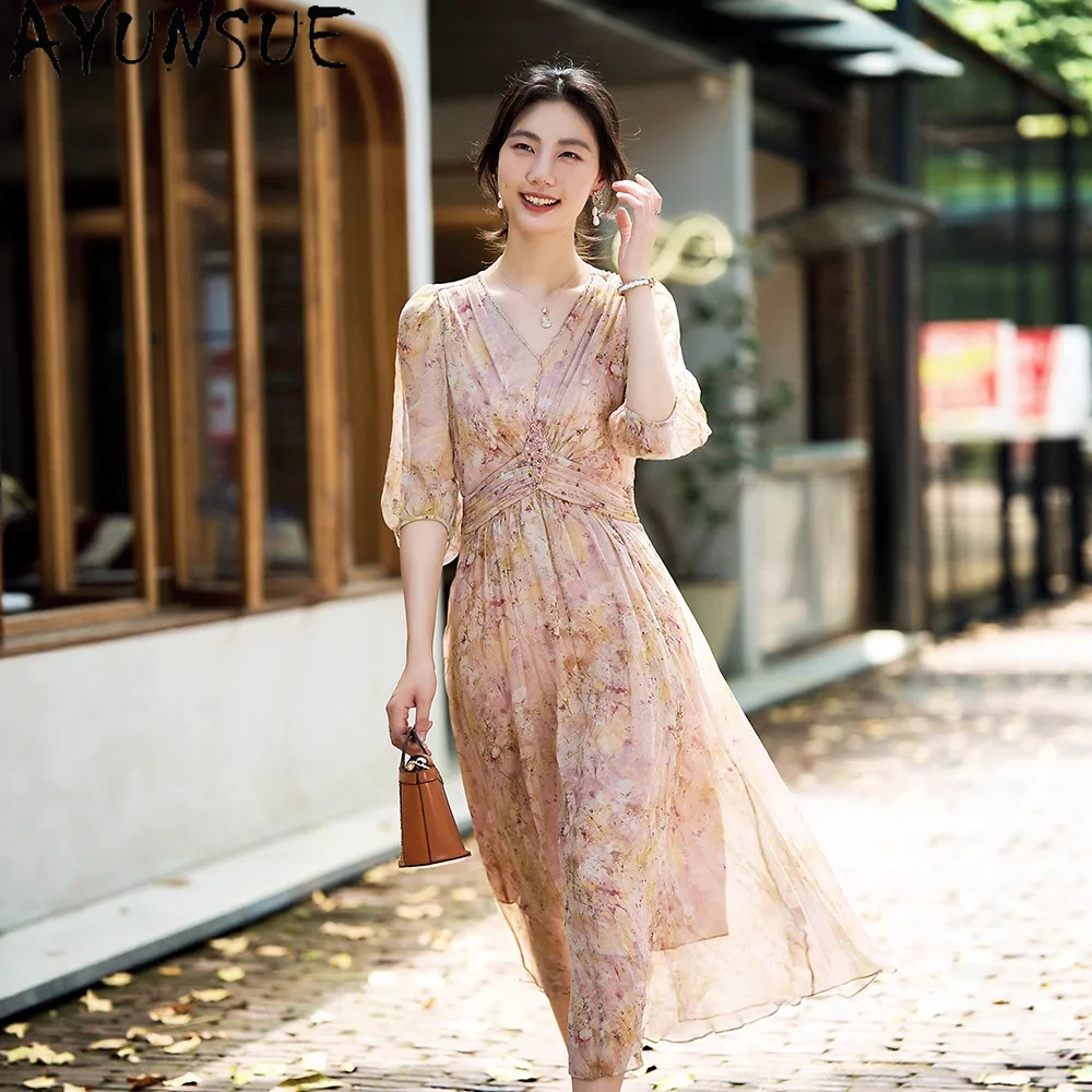 AYUNSUE 100% шелковое платье средней длины, летние новые платья, женская одежда, элегантное платье высокого качества с v-образным вырезом Jupe Femmes
AYUNSUE 100% шелковое платье средней длины, летние новые платья, женская одежда, элегантное платье высокого качества с v-образным вырезом Jupe Femmes