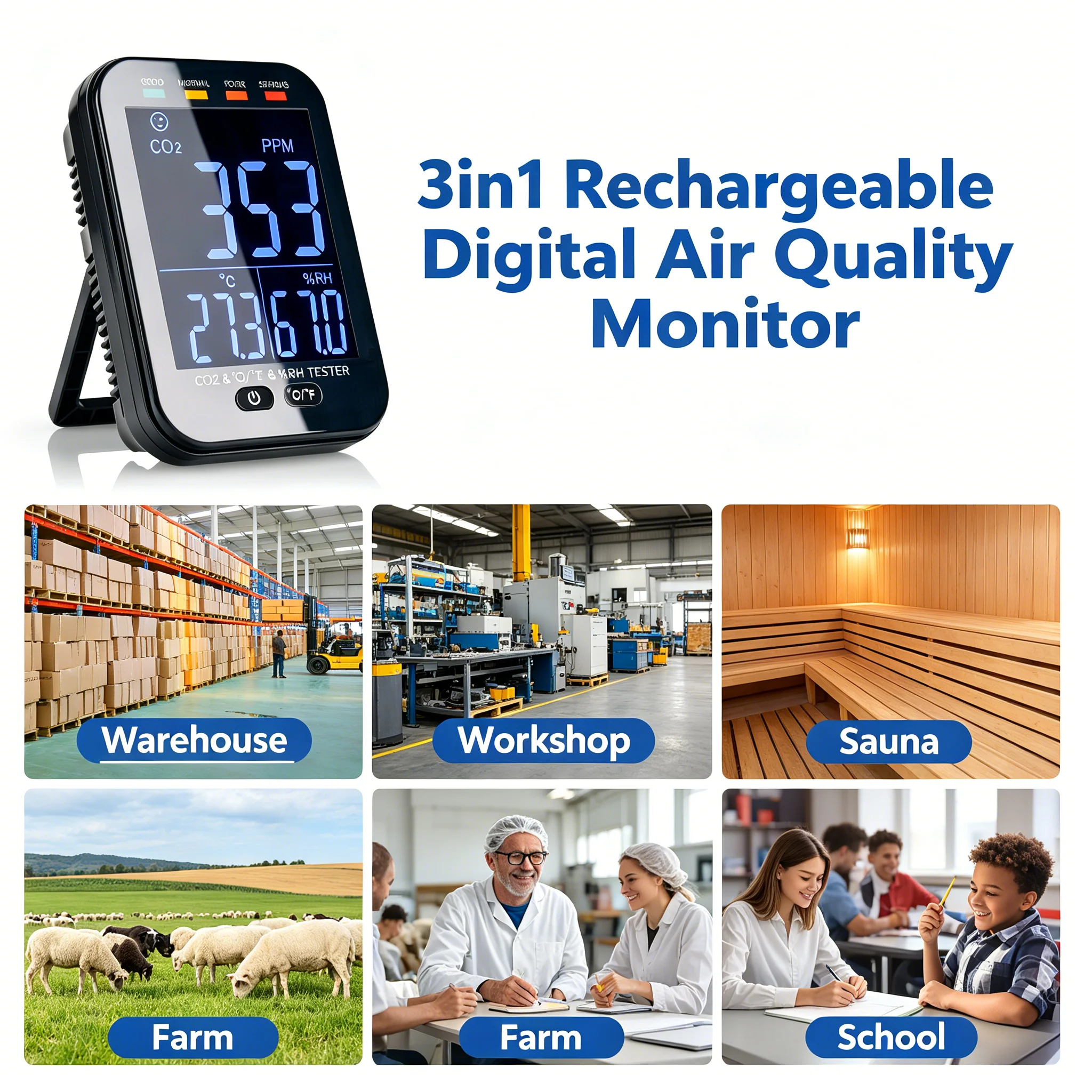 531G NDIR CO2 Monitor with Large LCD, 3-in-1 Air Quality Temperature Humidity Tester 4-Level Alarm for Home Office Indoor Use
531G NDIR CO2 Monitor with Large LCD, 3-in-1 Air Quality Temperature Humidity Tester 4-Level Alarm for Home Office Indoor Use