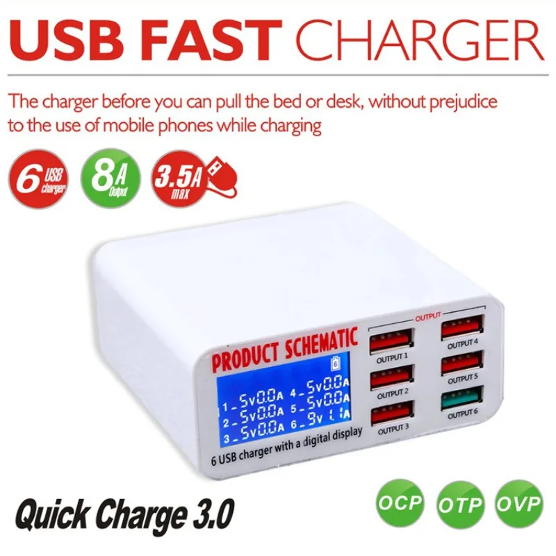 New QC3.0 8A USB Charger with LCD Display 6 Ports Desktop Mobile Phone Charger Smart Fast Charging for Smart Phones Tablet PC
New QC3.0 8A USB Charger with LCD Display 6 Ports Desktop Mobile Phone Charger Smart Fast Charging for Smart Phones Tablet PC