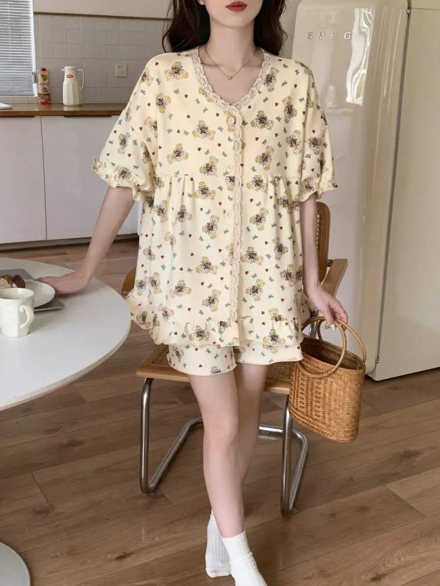 2pcs Set Spring Summer V-Neck Loose Pajama Set Bear Print Short Sleeve Shorts Loungewear
2pcs Set Spring Summer V-Neck Loose Pajama Set Bear Print Short Sleeve Shorts Loungewear