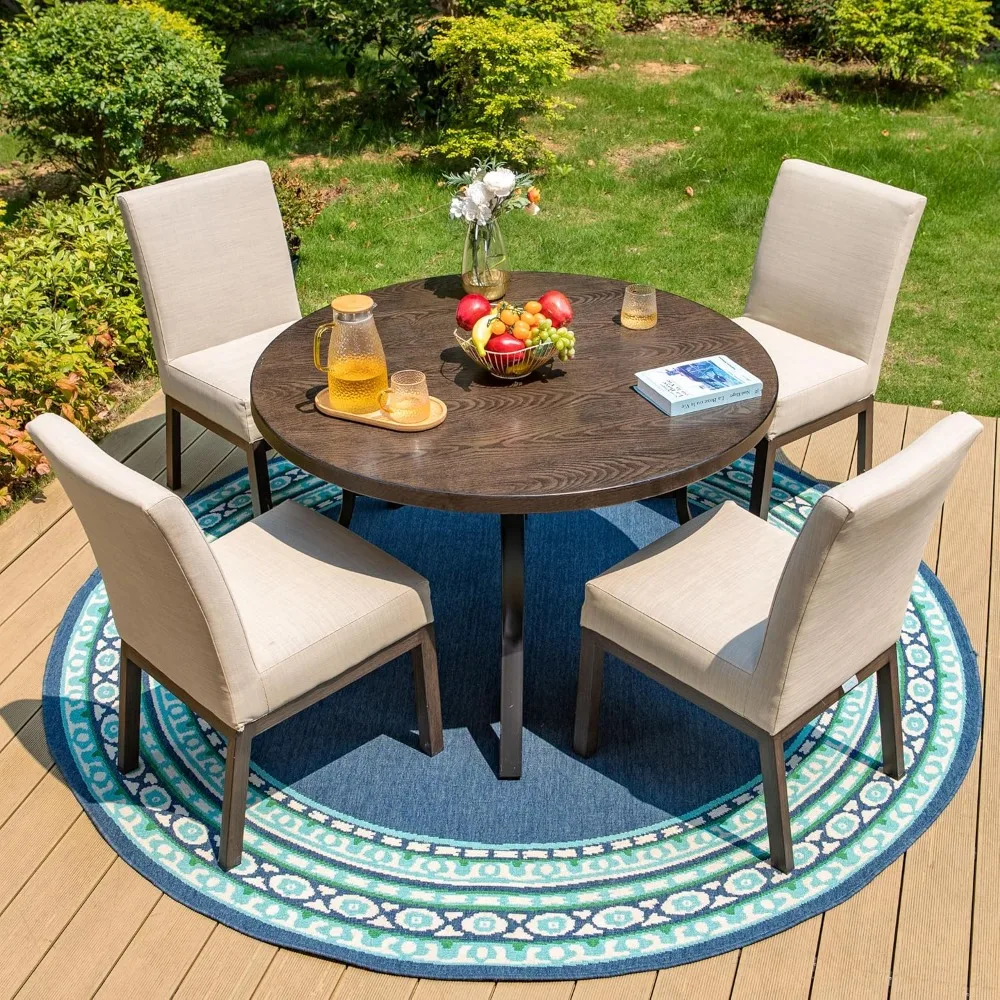 This Five-piece Outdoor Dining and Chair Set Includes Four Upholstered Chairs and A Large 44-inch Wood-look Metal Dining Table
This Five-piece Outdoor Dining and Chair Set Includes Four Upholstered Chairs and A Large 44-inch Wood-look Metal Dining Table