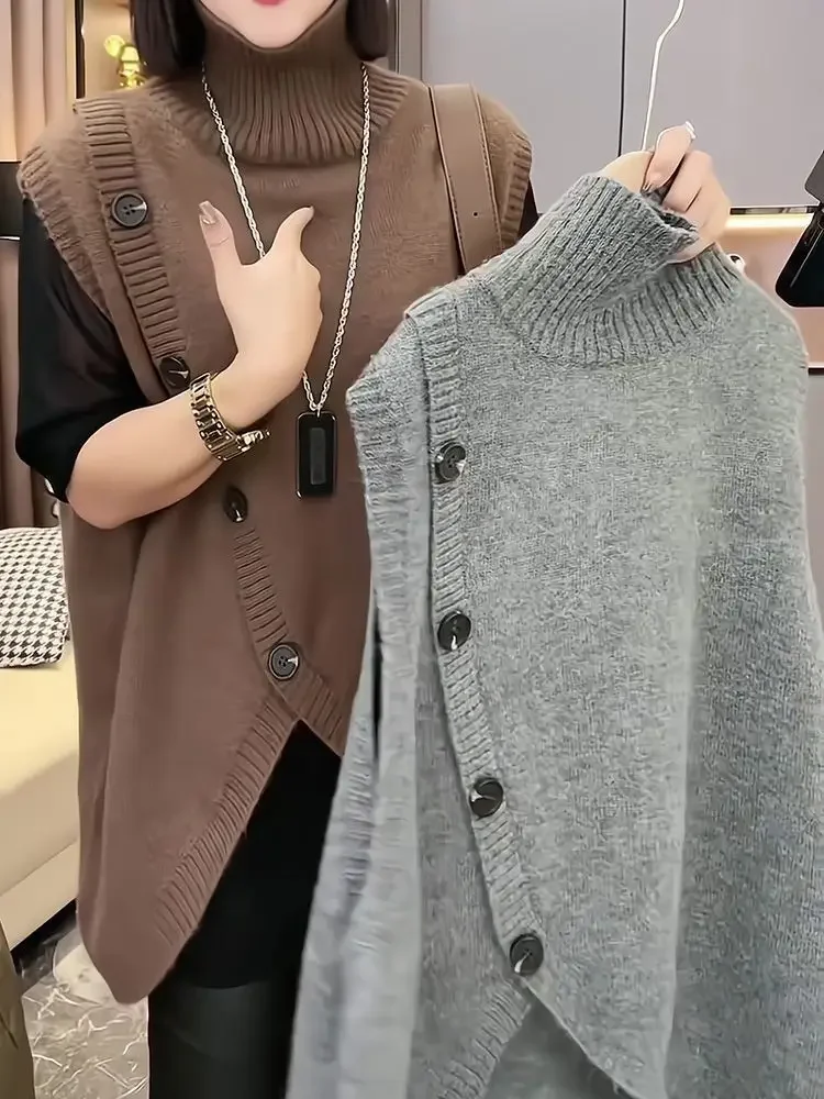 Women Sleeveles long Sweater Vests Vintage Irregular Spliced Button Knitwear Outerwear Pullovers Elegant Turtleneck Loose Vests
Women Sleeveles long Sweater Vests Vintage Irregular Spliced Button Knitwear Outerwear Pullovers Elegant Turtleneck Loose Vests