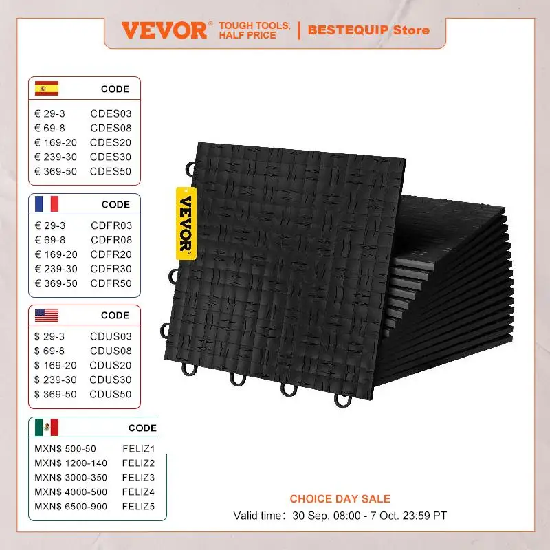 VEVOR Garage Floor Tile Interlocking 12x12" 25/50 Pack Black Non-slip Modular Garage Flooring Suitable for Basement Gym Durable
VEVOR Garage Floor Tile Interlocking 12x12" 25/50 Pack Black Non-slip Modular Garage Flooring Suitable for Basement Gym Durable