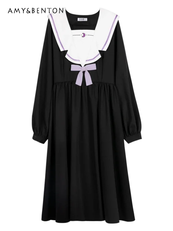 Japanese Cute Bow Sailor Collar Midi Black Dress Sweet JK Dresses Y2K Color Matching Lantern Sleeve Loose Slim Dress for Women
Japanese Cute Bow Sailor Collar Midi Black Dress Sweet JK Dresses Y2K Color Matching Lantern Sleeve Loose Slim Dress for Women