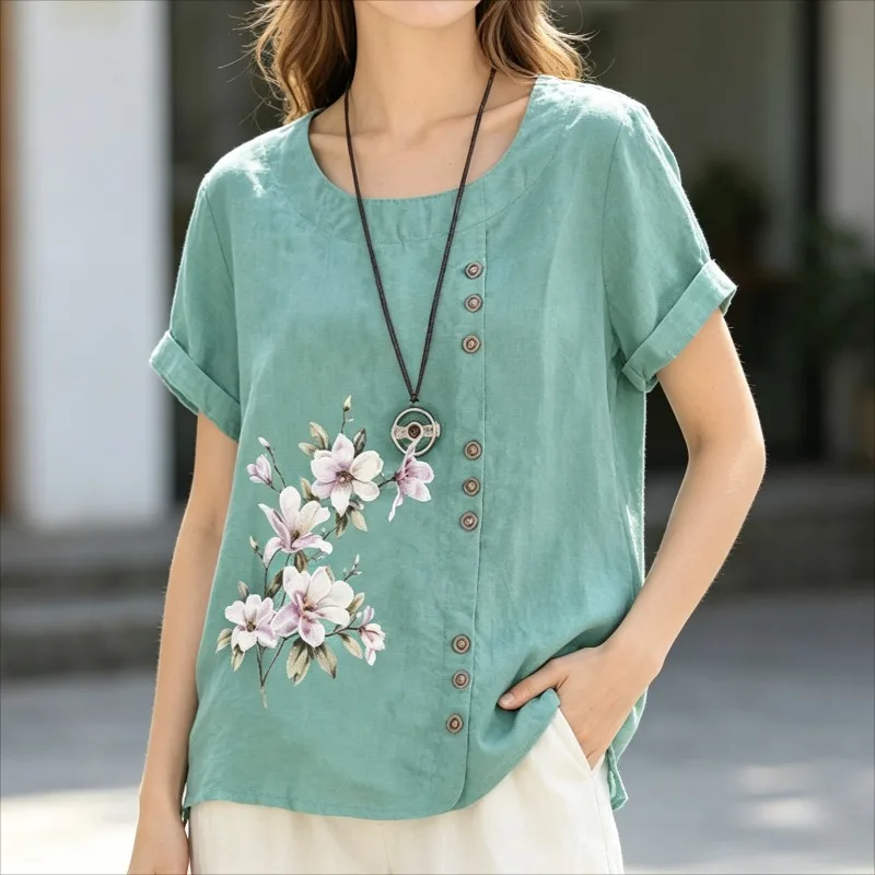 Vintage Round Neck Floral Print Casual Plus Size Women's T-shirt 2026 Summer Casual Short Sleeved Loose Button Lady Tops New
Vintage Round Neck Floral Print Casual Plus Size Women's T-shirt 2026 Summer Casual Short Sleeved Loose Button Lady Tops New