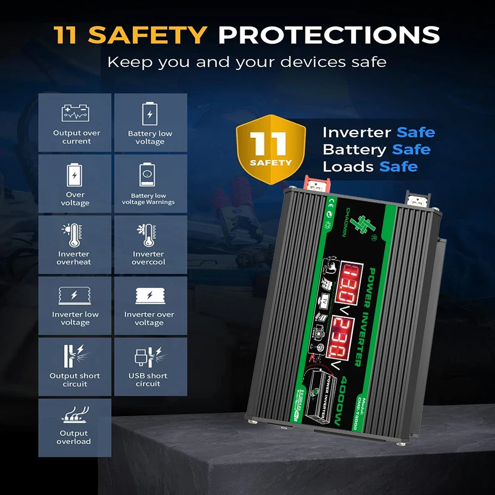 4000W DC 12V To AC 110/220V Dual USB LCD Display Solar Inverters Portable Power Bank Car Converter for Camping RV Universal Plug
4000W DC 12V To AC 110/220V Dual USB LCD Display Solar Inverters Portable Power Bank Car Converter for Camping RV Universal Plug