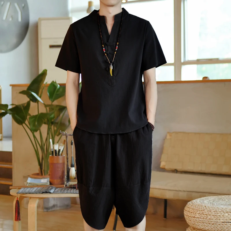 Хлопково-льняной комплект: мужская модная летняя футболка с коротким рукавом в китайском стиле, ретро-костюм Тан, Ханьфу, свободный крой, на пуговицах, дышащий
Хлопково-льняной комплект: мужская модная летняя футболка с коротким рукавом в китайском стиле, ретро-костюм Тан, Ханьфу, свободный крой, на пуговицах, дышащий