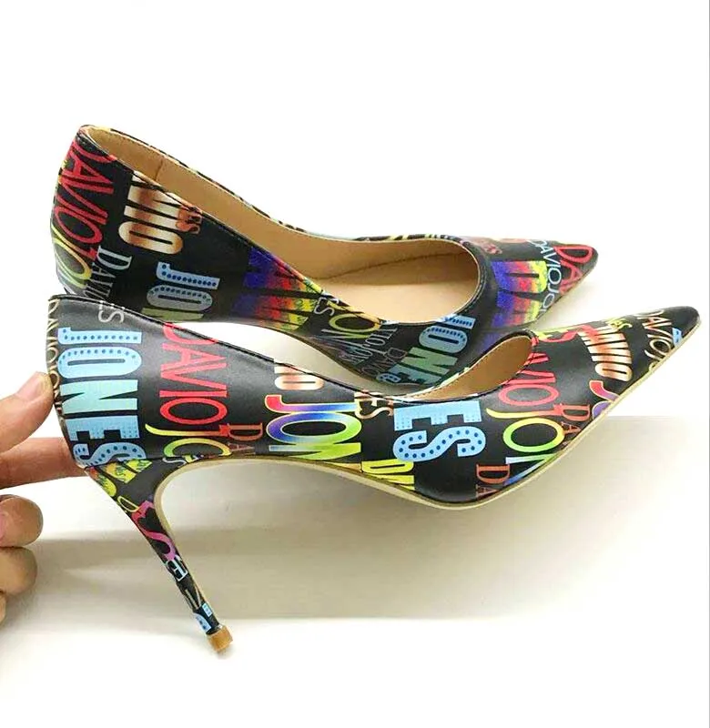 Colorful Letters Printing Leather Pumps Women Pointed Toe Thin High Heels Dress Single Shoes Wedding High Heels
Colorful Letters Printing Leather Pumps Women Pointed Toe Thin High Heels Dress Single Shoes Wedding High Heels