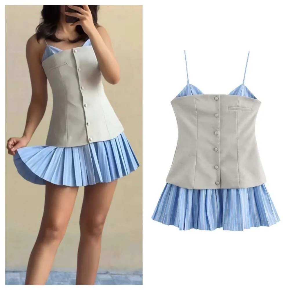 Striped Sleeveless Dress Teenagers Adolescent Blue Color Suspenders Short Skirt Loose Casual College Style Pleated Skirt
Striped Sleeveless Dress Teenagers Adolescent Blue Color Suspenders Short Skirt Loose Casual College Style Pleated Skirt