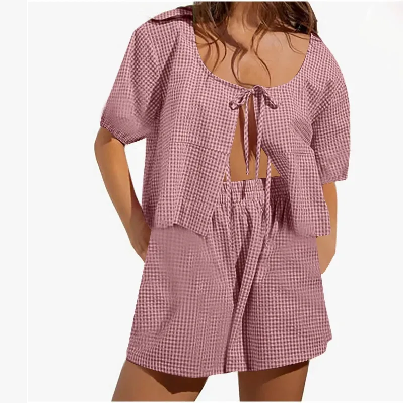 2025 Summer Solid Plaid Printed Loose Casual 2 Piece Set Women Lace Up Bandage Cardigan Top High Waist Shorts Streetwear
2025 Summer Solid Plaid Printed Loose Casual 2 Piece Set Women Lace Up Bandage Cardigan Top High Waist Shorts Streetwear