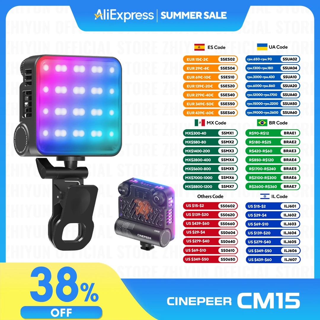 ZHIYUN Официальный CINEPEER CM15 RGB 15 Вт светодиодный светильник для видеосъемки ручной карманный светильник 2500K-10000K фонари для фотосъемки заполняющий свет для фото
ZHIYUN Официальный CINEPEER CM15 RGB 15 Вт светодиодный светильник для видеосъемки ручной карманный светильник 2500K-10000K фонари для фотосъемки заполняющий свет для фото