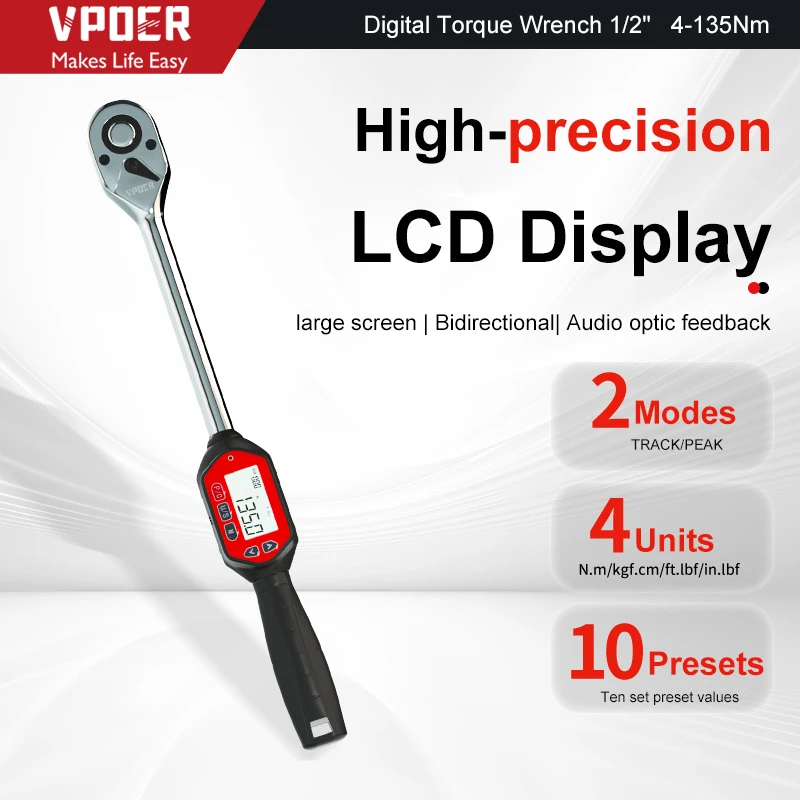 1/2 Inch Drive 4-135 Nm Digital Torque Wrench Buzzer LED Alert Factory Calibrated Automotive Repair Tool with Peak Track
1/2 Inch Drive 4-135 Nm Digital Torque Wrench Buzzer LED Alert Factory Calibrated Automotive Repair Tool with Peak Track