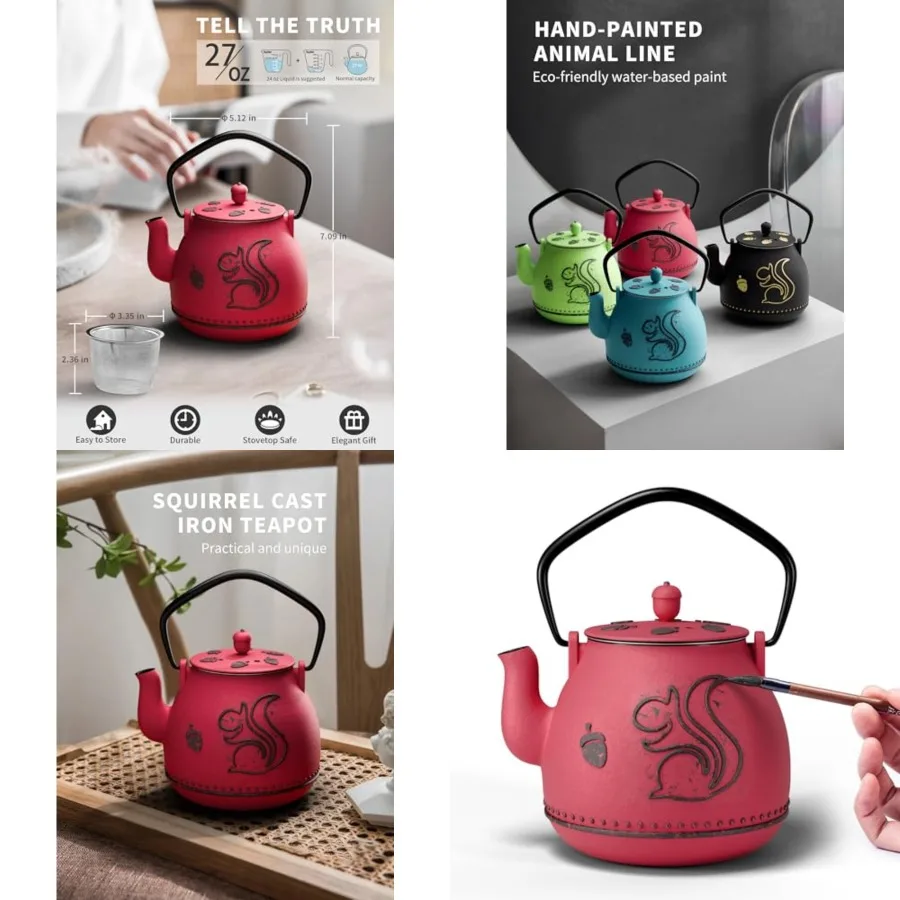 Teapot with Removabe Infuser, Cast Iron Tea Kette Stovetop Safe, Squirrel Design Tea Pot Coated with Enameled Interior for 950
Teapot with Removabe Infuser, Cast Iron Tea Kette Stovetop Safe, Squirrel Design Tea Pot Coated with Enameled Interior for 950