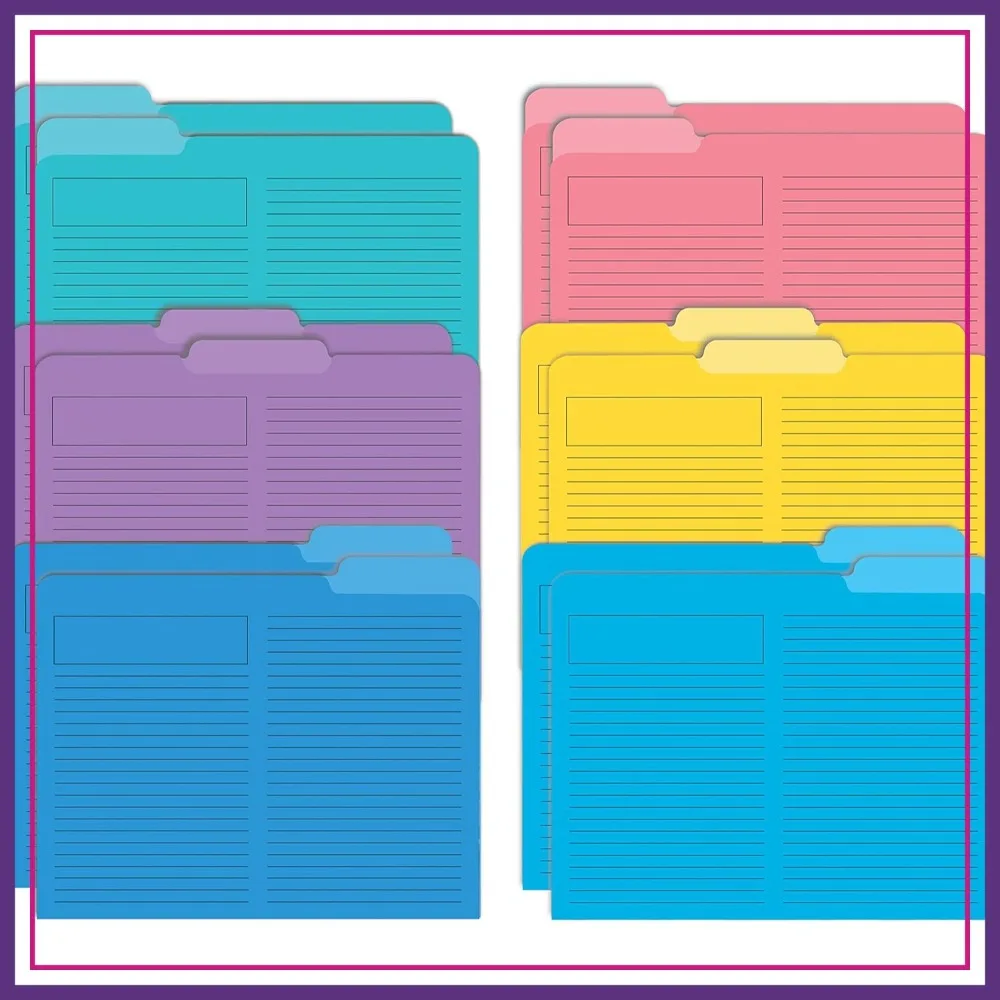 Lined File Folders, 12 Pack, Heavyweight, 1/3 Cut Tabs, 6 Vibrant Colors, Letter Size 9.5x11.5
Lined File Folders, 12 Pack, Heavyweight, 1/3 Cut Tabs, 6 Vibrant Colors, Letter Size 9.5x11.5