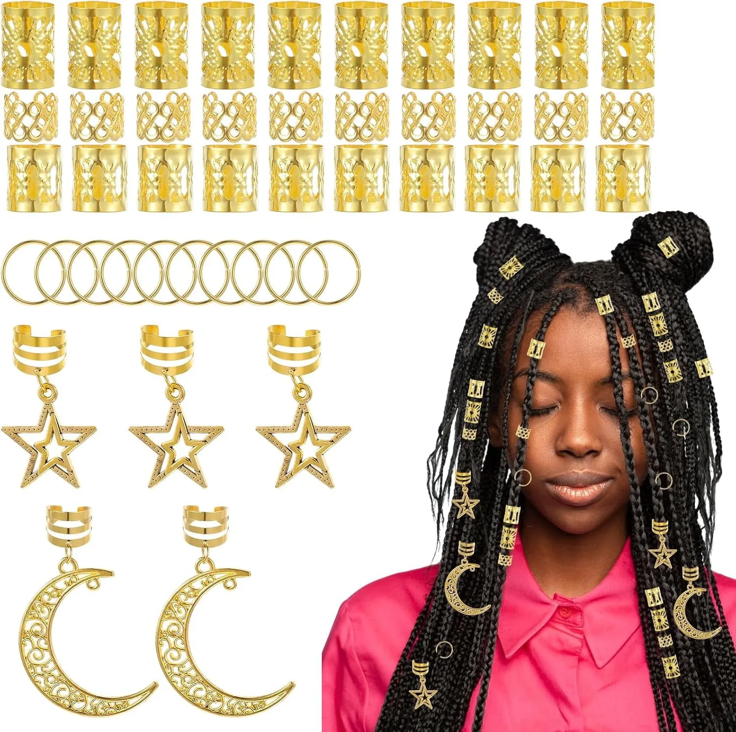 45 Pieces Star Moon Hair Rings for Dreadlocks Gold Silver Electroplated Hollow Out DIY Braid Extension Combo Set
45 Pieces Star Moon Hair Rings for Dreadlocks Gold Silver Electroplated Hollow Out DIY Braid Extension Combo Set