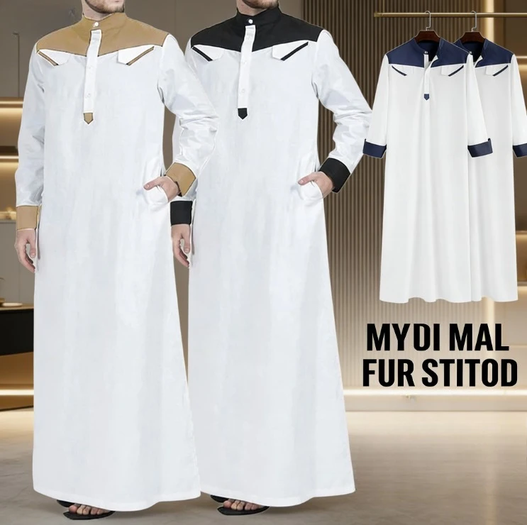 Muslim Southeast Asian Men's Clothing Color Block Paneled Stand Collar Placket Long Sleeve Thobe Middle Eastern Ethnic Robe
Muslim Southeast Asian Men's Clothing Color Block Paneled Stand Collar Placket Long Sleeve Thobe Middle Eastern Ethnic Robe