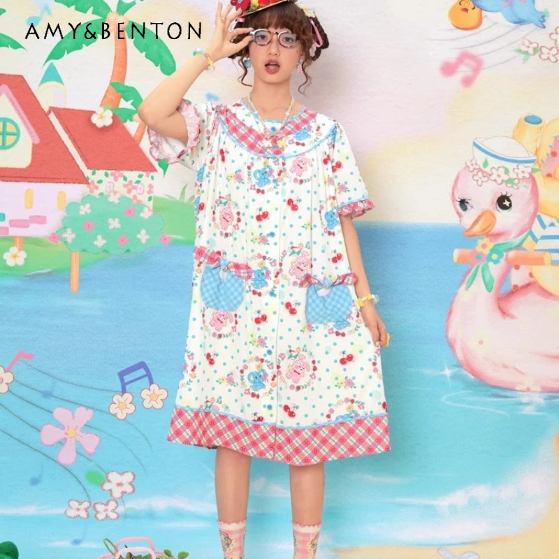Japanese Original Summer New Women's Clothing Cartoon Fruit Print Splicing Knee Dress Red Plaid Cute Sweet Loose Dresses Ladies
Japanese Original Summer New Women's Clothing Cartoon Fruit Print Splicing Knee Dress Red Plaid Cute Sweet Loose Dresses Ladies