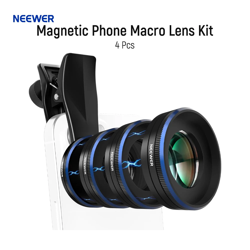 NEEWER Phone Macro Lens Kit, 4 Pcs Stackable Magnetic Closeup Lens Set with 17mm Threaded Clamp For iPhone Android Samsung