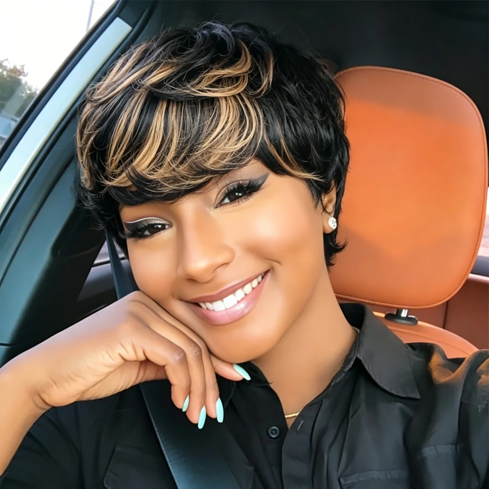 Natural 1B/27 Ombre Pixie Cut Human Hair Wig, Full Machine Made Layered Highlights Human Hair Wig with Bangs, Easy to Style for
Natural 1B/27 Ombre Pixie Cut Human Hair Wig, Full Machine Made Layered Highlights Human Hair Wig with Bangs, Easy to Style for