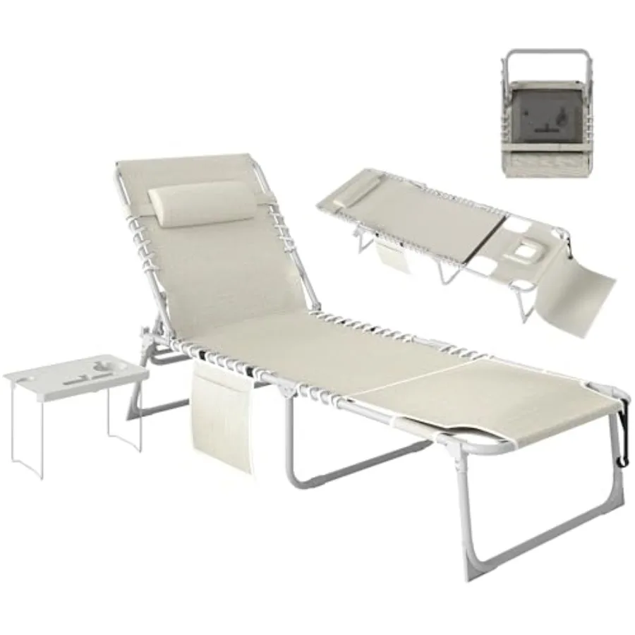 Outdoor tanning chair with face hole and side table, beige breathable mesh, 5-position reclining folding chaise lounge for beac
Outdoor tanning chair with face hole and side table, beige breathable mesh, 5-position reclining folding chaise lounge for beac