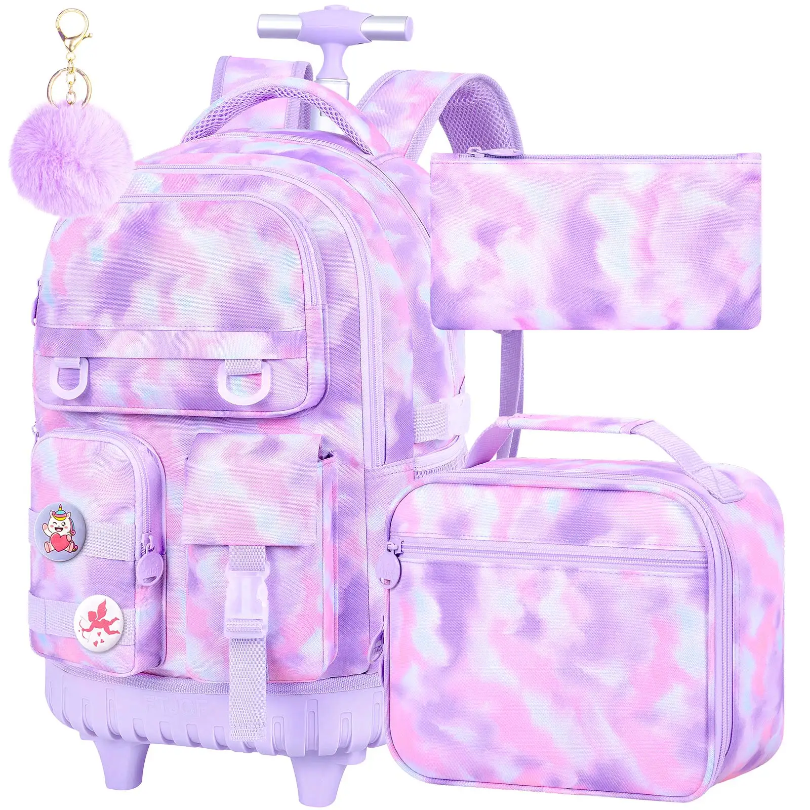 3Pcs Girls Pink Purple Tie-Dye Print Rolling Backpack Set, Wheeled School Bag with Handbag & Pencil Case for Kids Students
3Pcs Girls Pink Purple Tie-Dye Print Rolling Backpack Set, Wheeled School Bag with Handbag & Pencil Case for Kids Students