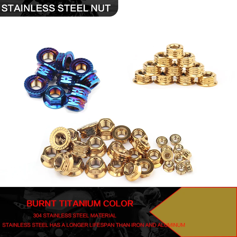 Burning titanium nut golden screw motorcycle modified nut M6.M8.M10.M12 appearance carved 304 stainless steel bolt
Burning titanium nut golden screw motorcycle modified nut M6.M8.M10.M12 appearance carved 304 stainless steel bolt