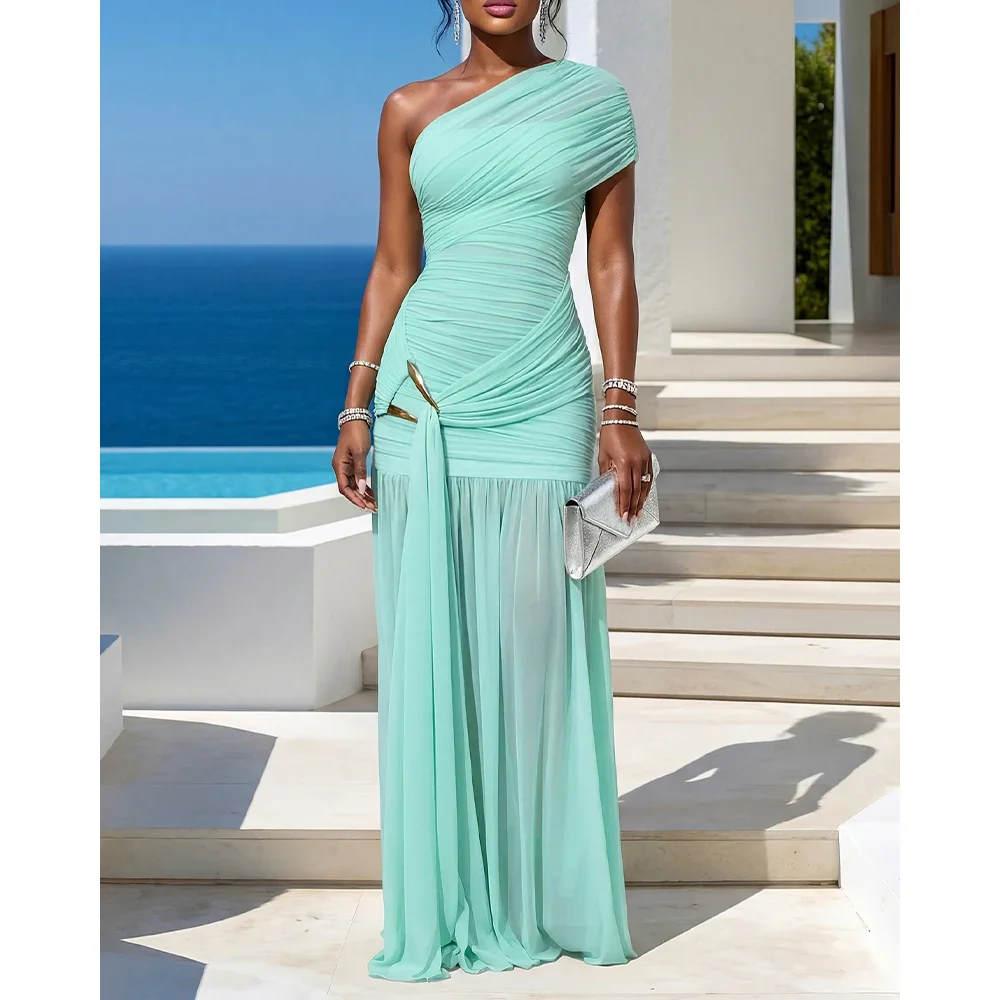 Summer Women's One Shoulder Ruched Mesh Maxi Dress Gold Buckle High Slit Bodycon Evening Gown Party Dress
Summer Women's One Shoulder Ruched Mesh Maxi Dress Gold Buckle High Slit Bodycon Evening Gown Party Dress