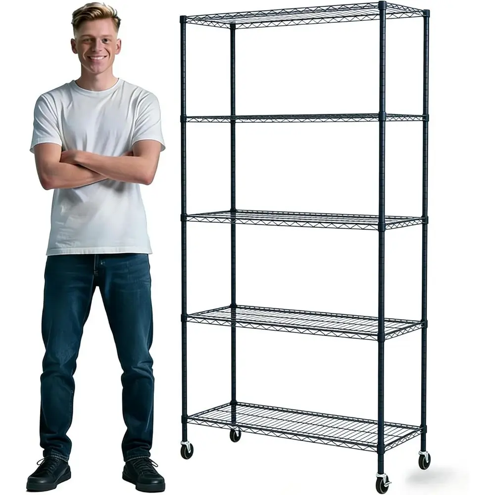 5-Tier Heavy-Duty Adjustable Metal Storage Rack with Wheels, 23.23W x 13.39D x 59.45H, Ideal for Garage, Warehouse, and Basement
5-Tier Heavy-Duty Adjustable Metal Storage Rack with Wheels, 23.23W x 13.39D x 59.45H, Ideal for Garage, Warehouse, and Basement
