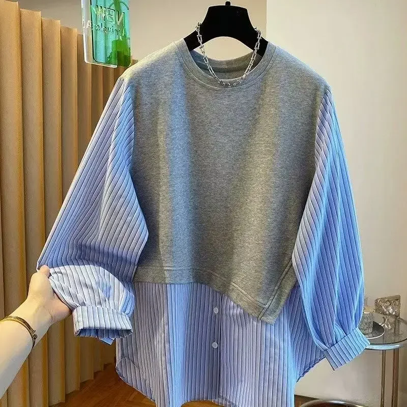 2025 Spring Hoodies Patchwork Shirts Striped Shirt Women Long Sleeve Fake Two Piece Loose Blouse Casual Korean Sweatshirt tops
2025 Spring Hoodies Patchwork Shirts Striped Shirt Women Long Sleeve Fake Two Piece Loose Blouse Casual Korean Sweatshirt tops