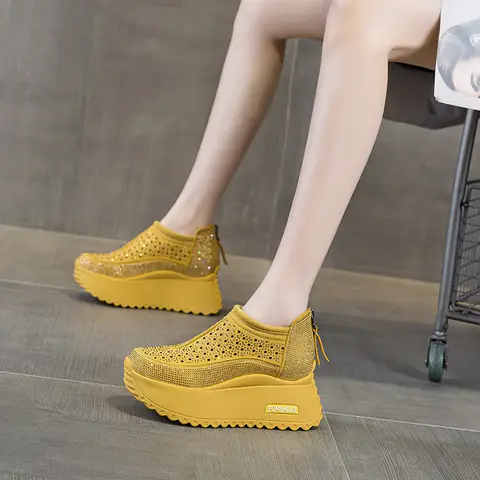 GKTINOO Hollow Sandals Rhinestones Fashion Genuine Leather Women Chunky Sneakers Female Summer Height Increasing Ladies Shoes