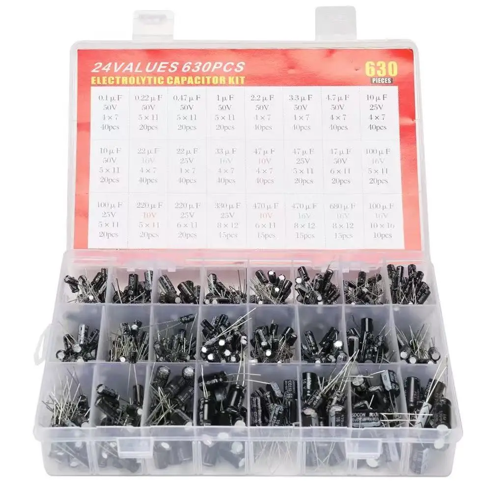 630pcs 24-Value Electrolytic Capacitor Kit, 0.1uF to 1000uF Radial Lead Capacitor Assortment
630pcs 24-Value Electrolytic Capacitor Kit, 0.1uF to 1000uF Radial Lead Capacitor Assortment