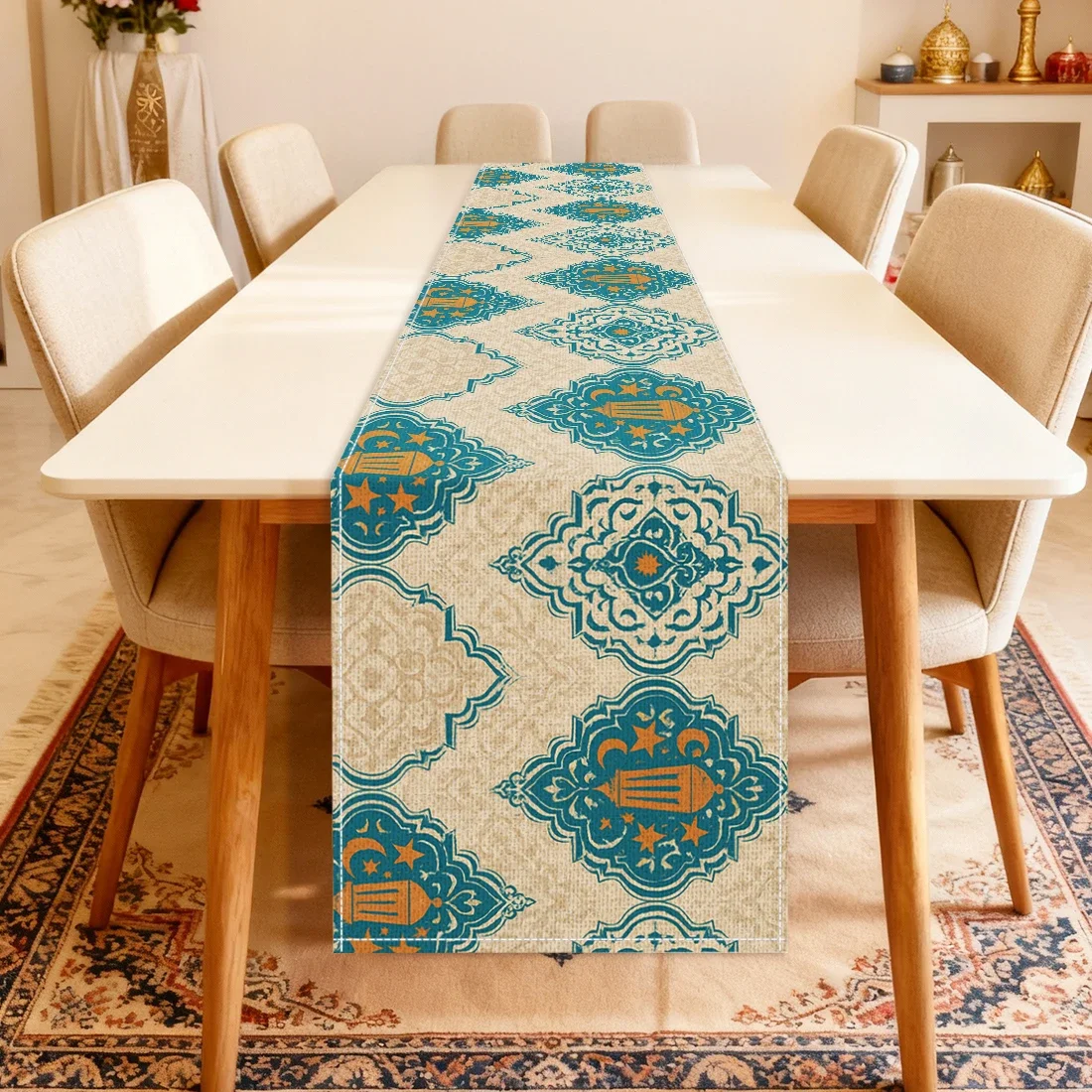 Ramadan Auspicious Retro Star Moon Lantern Digital Printed Linen Look 100% Polyester Table Runner For Dining Table & Home Decor
Ramadan Auspicious Retro Star Moon Lantern Digital Printed Linen Look 100% Polyester Table Runner For Dining Table & Home Decor