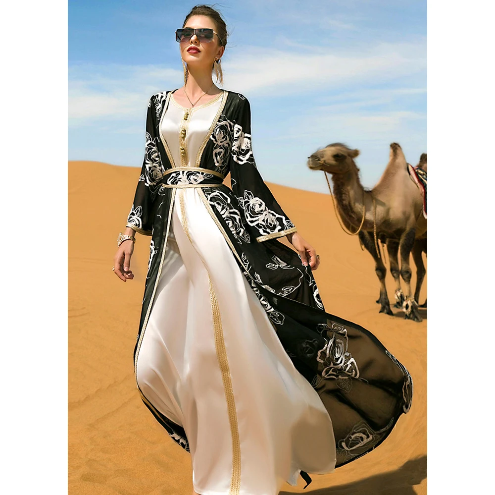 Luxurious Arabian Heavy Industry Black and White Flower Embroidery Two-piece Ladies Long Dress With Belt Ethnic Style Dress
Luxurious Arabian Heavy Industry Black and White Flower Embroidery Two-piece Ladies Long Dress With Belt Ethnic Style Dress