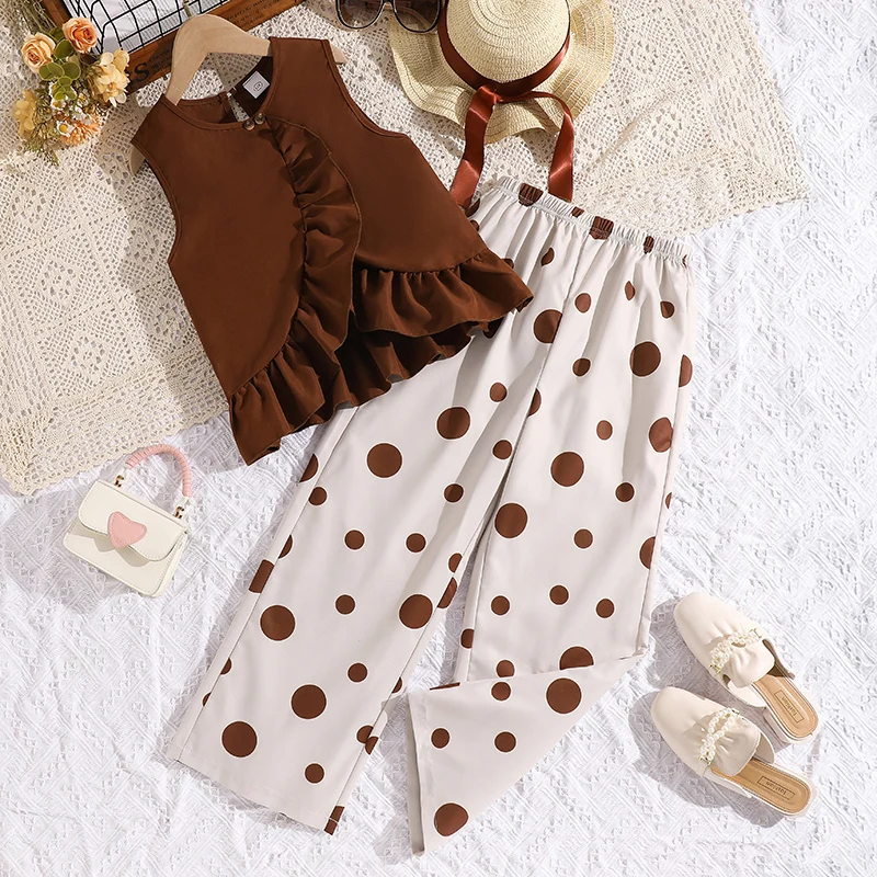 Kids Sets For Girls Brown O-Neck Sleeveless Ruffled Elastic-Waist Polka Dot 8-12 Years Summer Two-Pieces Set Frenchy Casual
Kids Sets For Girls Brown O-Neck Sleeveless Ruffled Elastic-Waist Polka Dot 8-12 Years Summer Two-Pieces Set Frenchy Casual