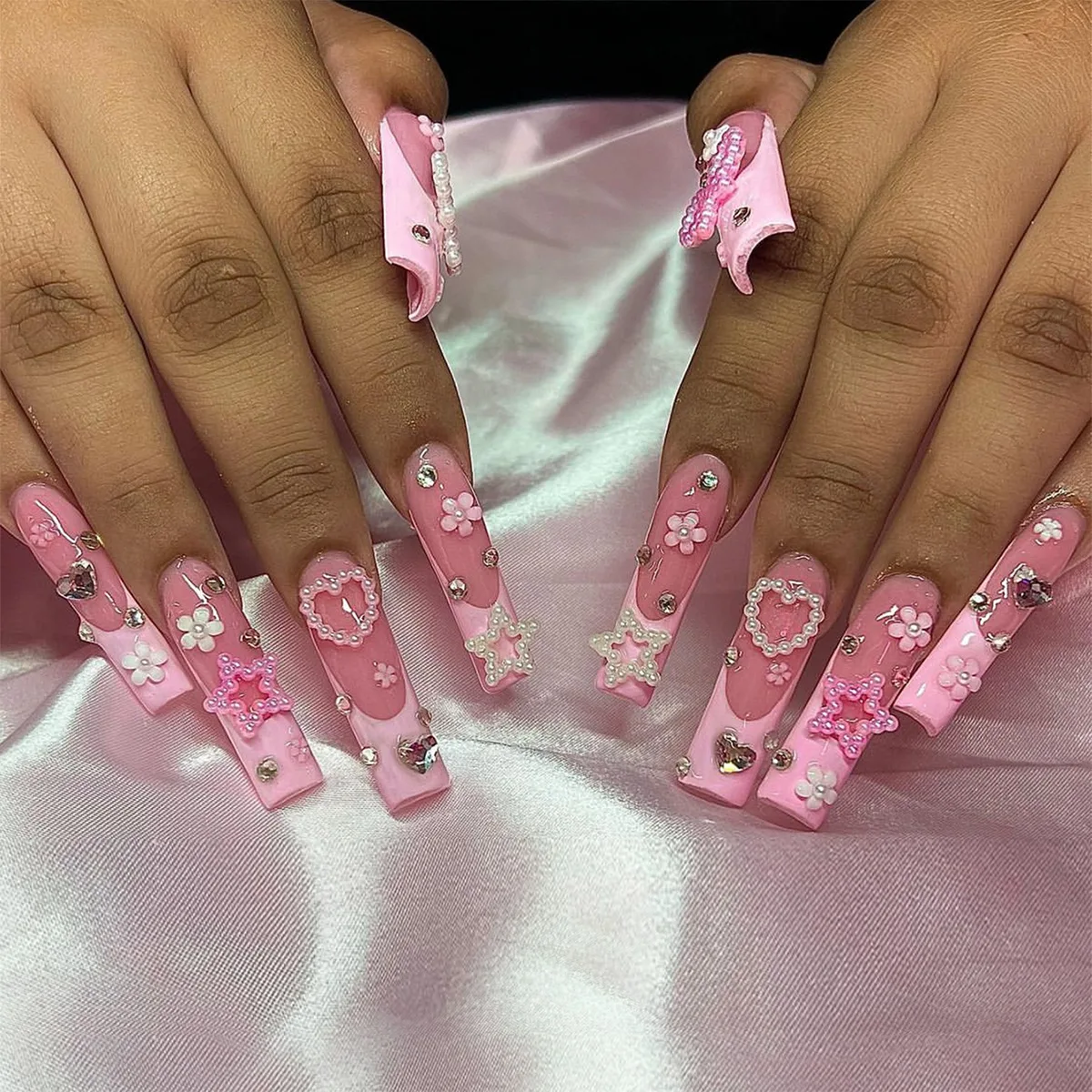 24pcs Pink French False Nails Long Square 3D Rhinestones Flower Design Fake Nails Acrylic Love Full Cover Press on Nails Sets
24pcs Pink French False Nails Long Square 3D Rhinestones Flower Design Fake Nails Acrylic Love Full Cover Press on Nails Sets