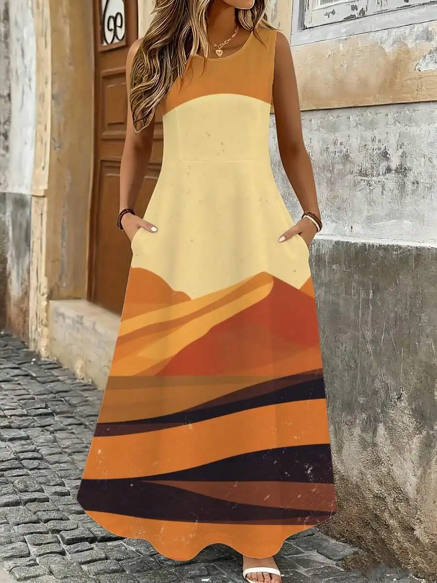 Sleeveless Maxi Dress Orange Beige Desert Landscape Print Boho Summer Beach Vacation Wear
Sleeveless Maxi Dress Orange Beige Desert Landscape Print Boho Summer Beach Vacation Wear
