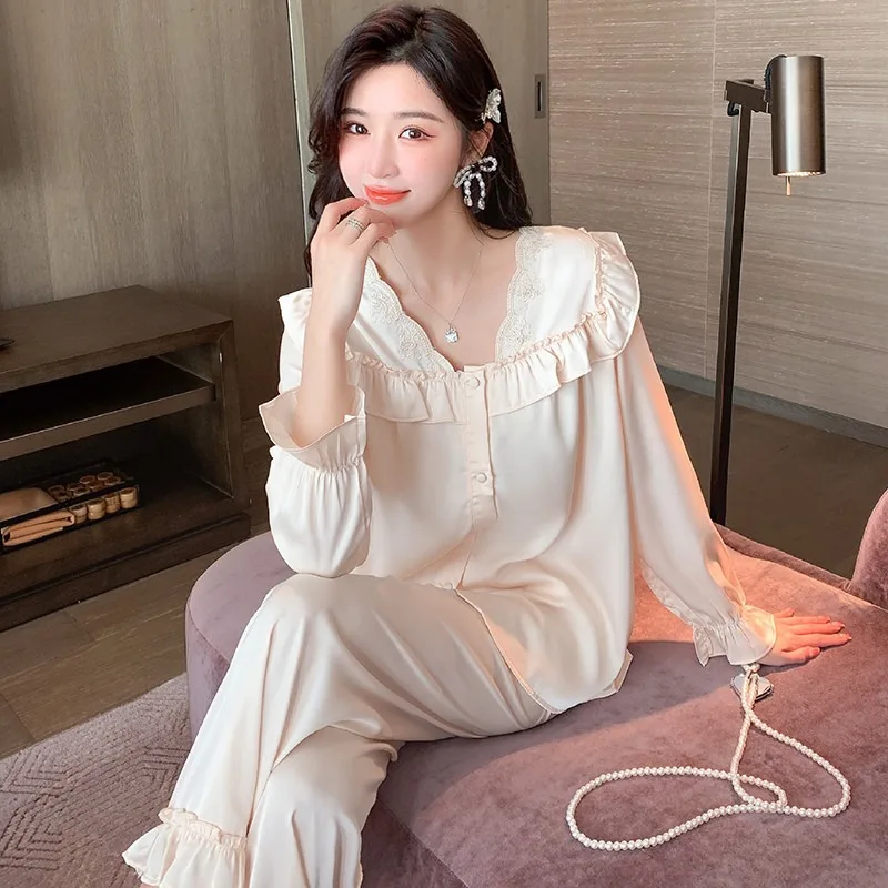 New Spring Pajamas for Women French Retro Court Style Long Sleeves Trouser Pijamas Suits Loungewear Sexy Loose Satin Home Wear
New Spring Pajamas for Women French Retro Court Style Long Sleeves Trouser Pijamas Suits Loungewear Sexy Loose Satin Home Wear