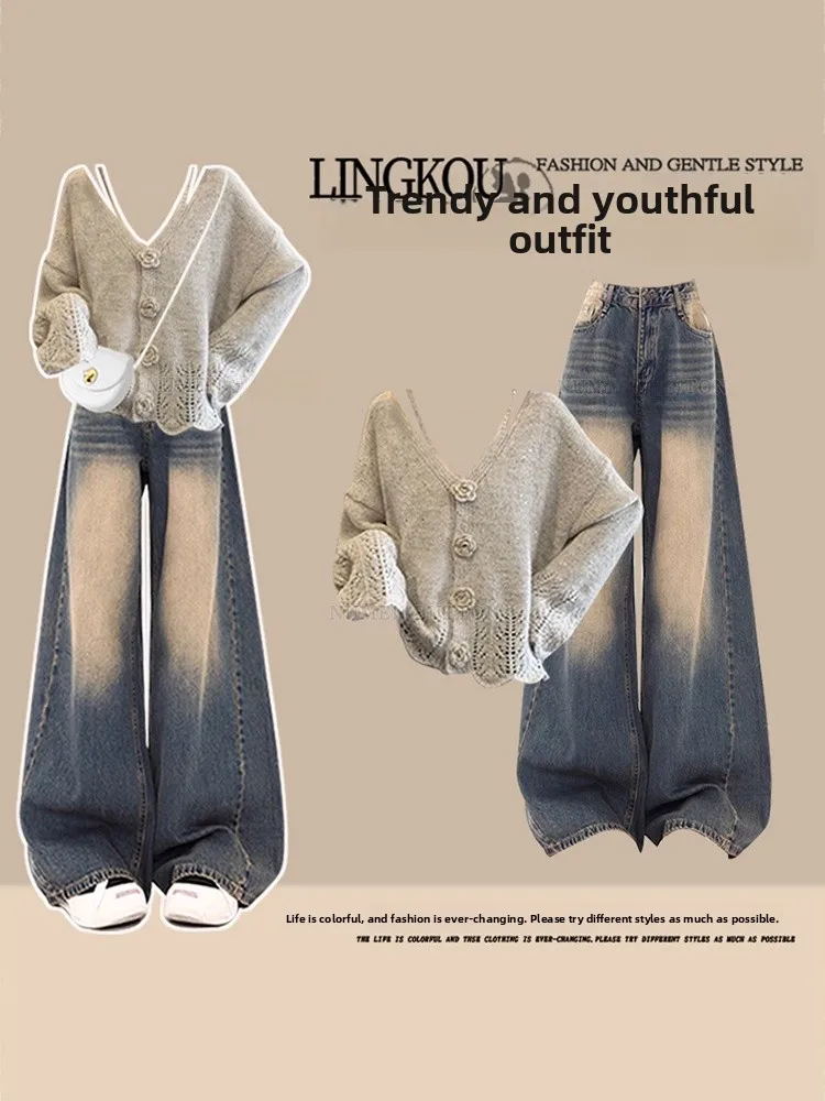 Warm Knitted V-Neck Cardigan And Slimming Wide-Leg Jeans Two-Piece Set for Women Autumn Casual Loose Fit High Waist Denim
Warm Knitted V-Neck Cardigan And Slimming Wide-Leg Jeans Two-Piece Set for Women Autumn Casual Loose Fit High Waist Denim