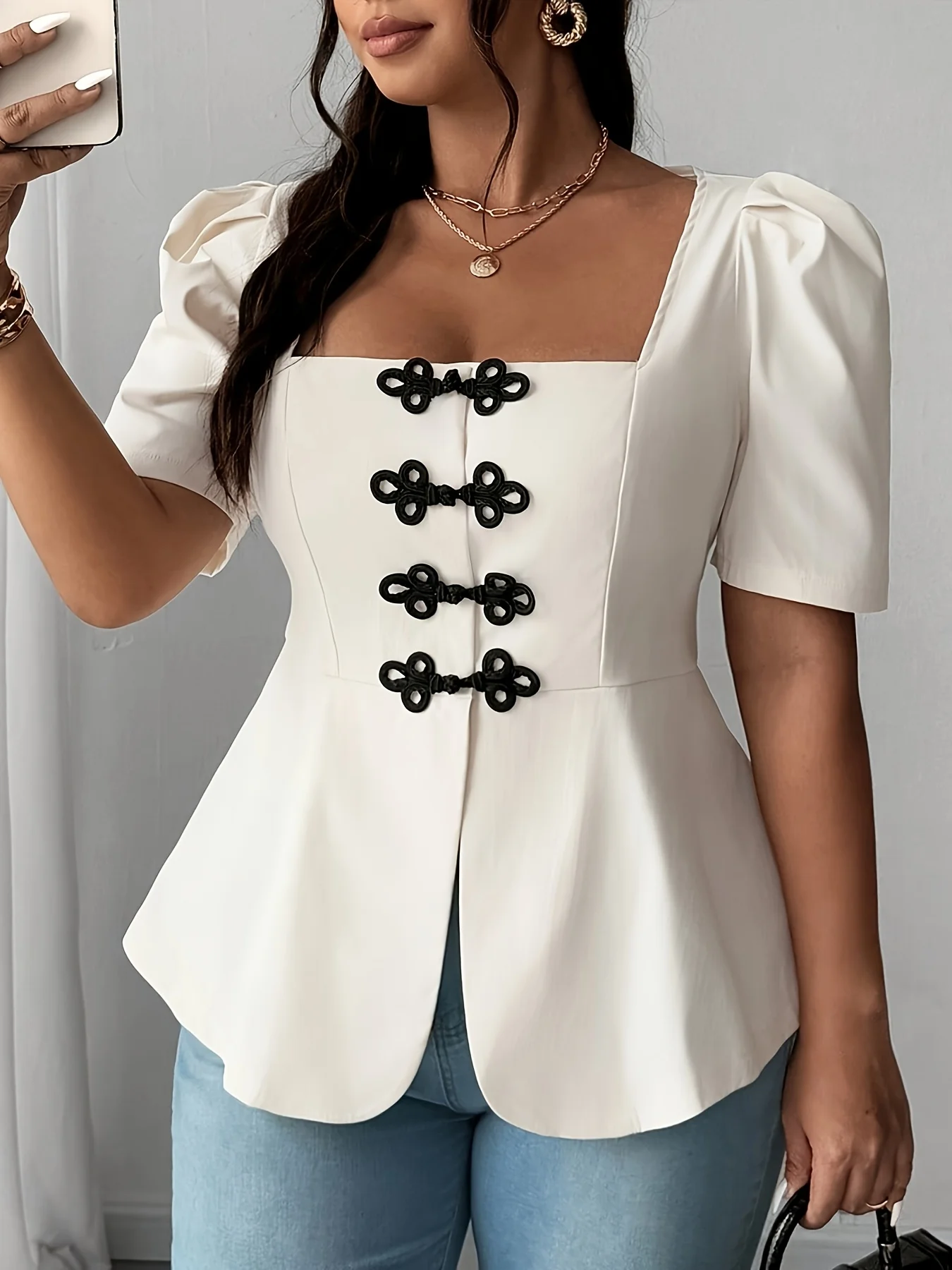 Women's Plus Size White Square Neck Puff Sleeve Contrast Frog Button Peplum Blouse Elegant Casual Top
Women's Plus Size White Square Neck Puff Sleeve Contrast Frog Button Peplum Blouse Elegant Casual Top