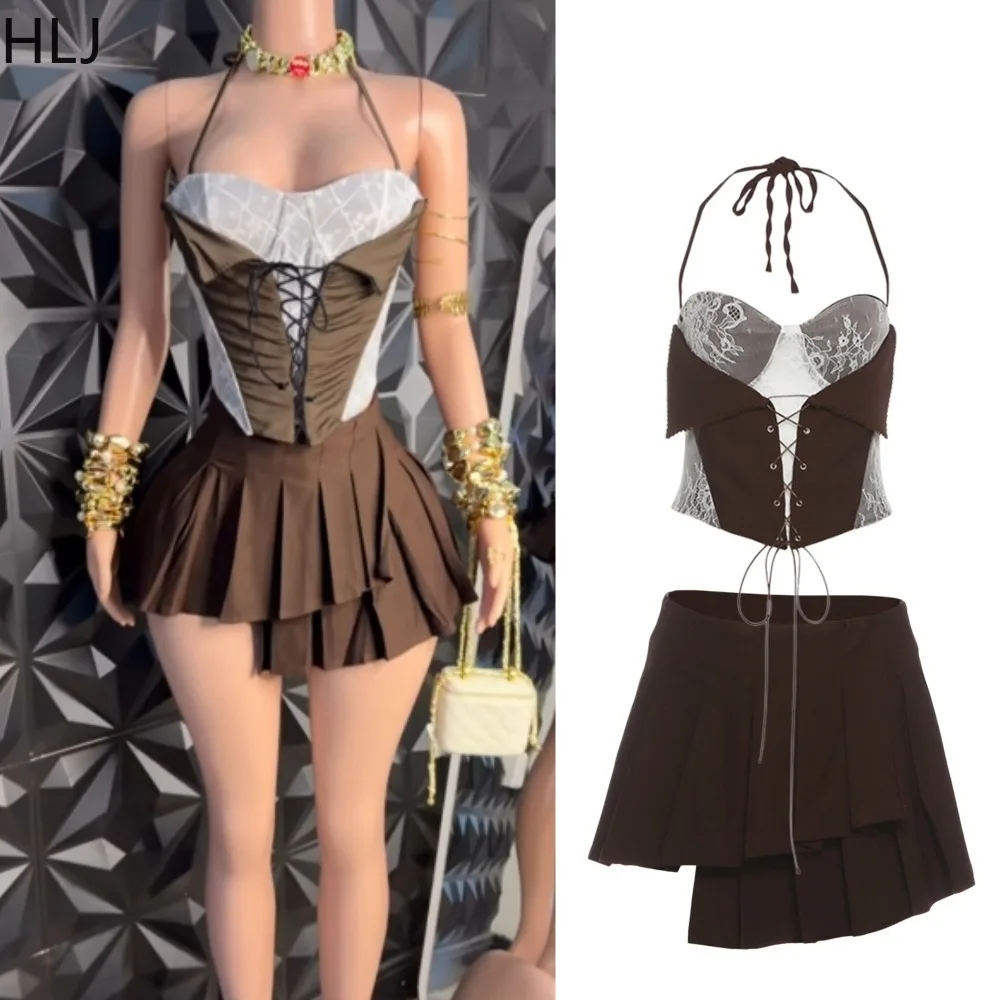 HLJ Women Halter Lace Patchwork Corset Top and Pleated Skirt Two Piece Set Y2K Sexy Bodycon Club Party Night Out Matching Outfit
HLJ Women Halter Lace Patchwork Corset Top and Pleated Skirt Two Piece Set Y2K Sexy Bodycon Club Party Night Out Matching Outfit