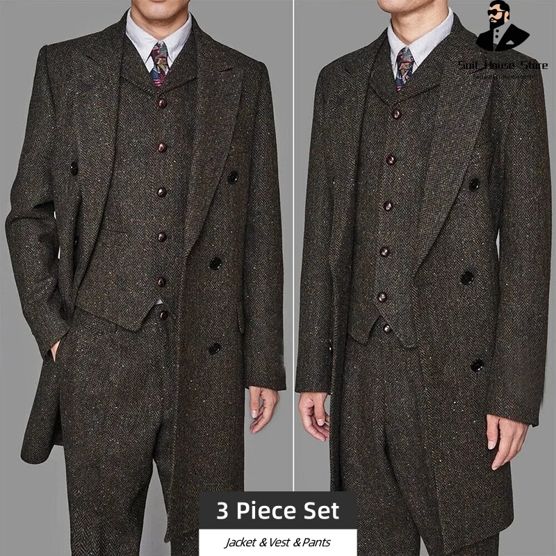Elegant Men's Long 3-Piece Suit Set Thick Herringbone Tweed Formal Classic Complete Jacket Vest Pants Wedding Banquet Winter New
Elegant Men's Long 3-Piece Suit Set Thick Herringbone Tweed Formal Classic Complete Jacket Vest Pants Wedding Banquet Winter New
