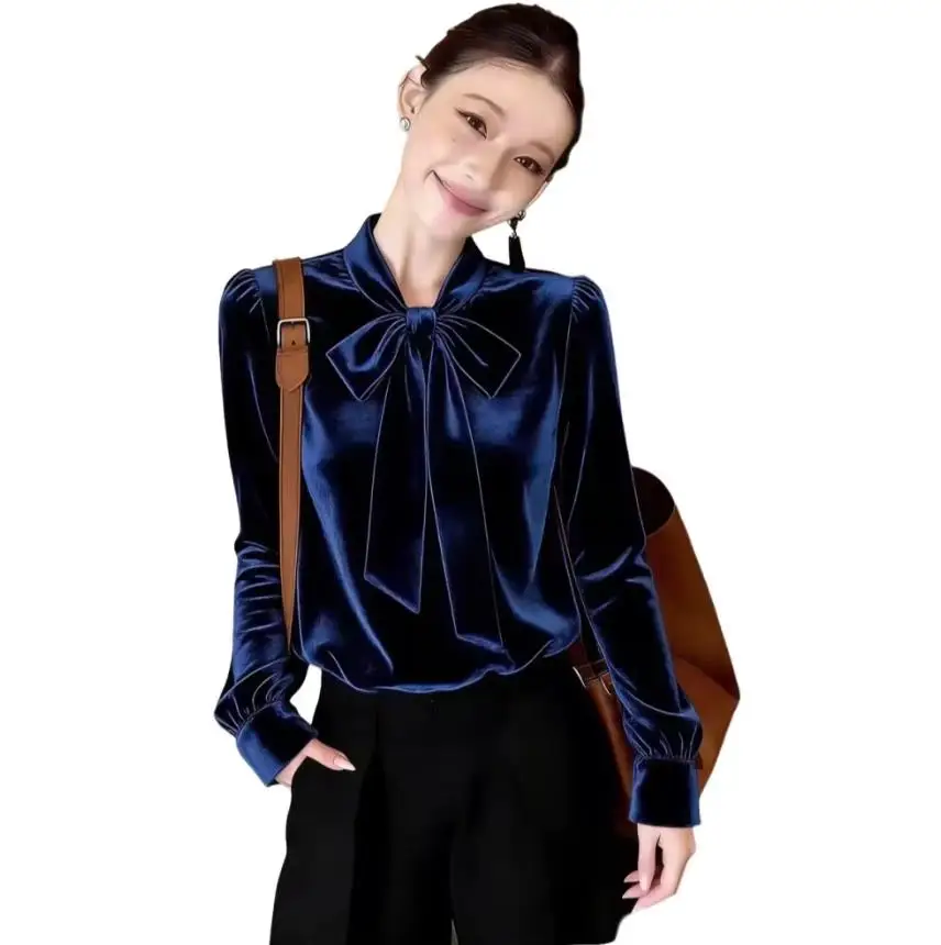 Elegant Velvet Shirt for Women Long Sleeve Autumn Winter Slimming Base Layer Knot Design plus Size Beautiful Style
Elegant Velvet Shirt for Women Long Sleeve Autumn Winter Slimming Base Layer Knot Design plus Size Beautiful Style