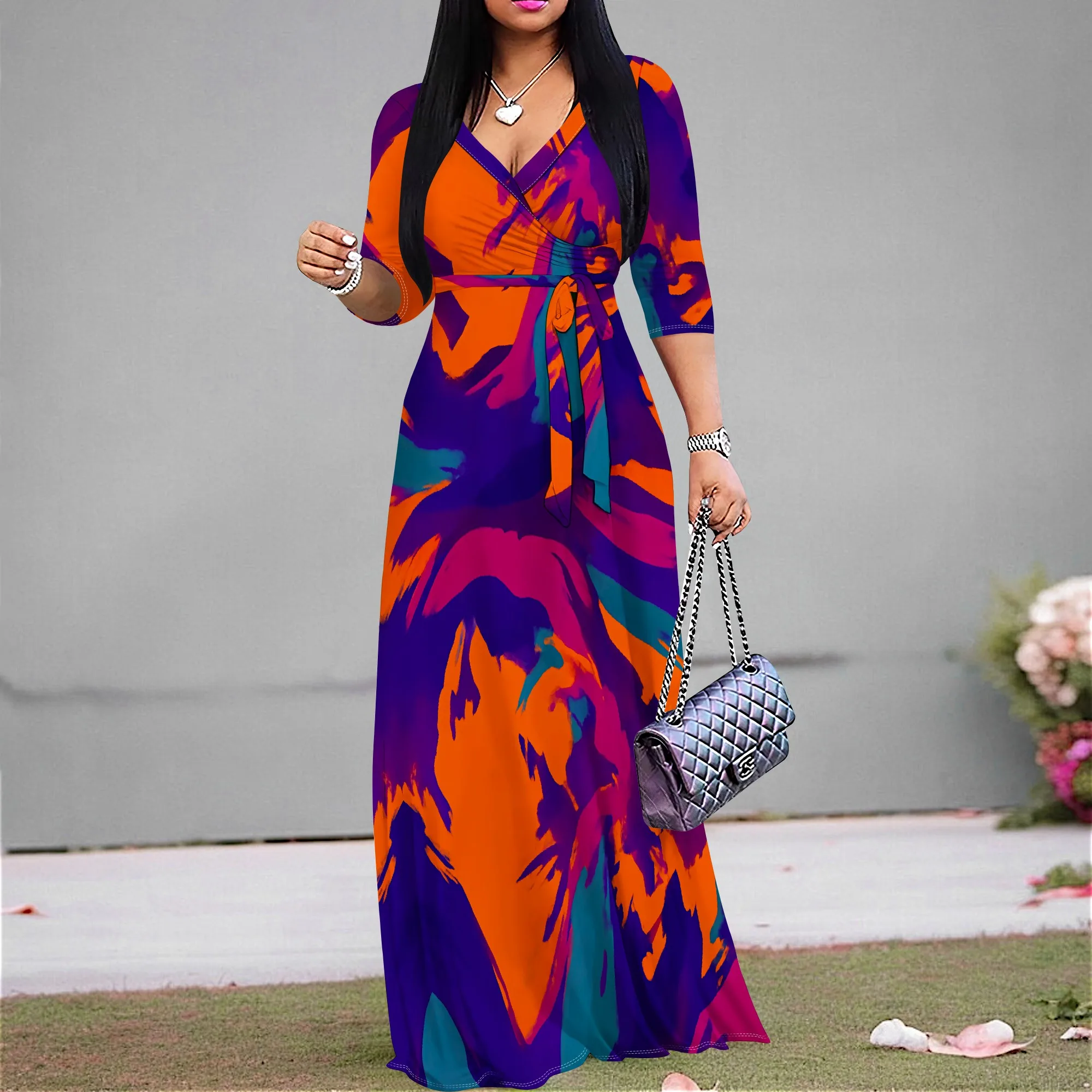 Orange Purple Abstract Print Maxi Dress S-3XL V-Neck 3/4 Sleeve Wrap Style with Belt for Art Show, Pride or Afro Streetwear Look
Orange Purple Abstract Print Maxi Dress S-3XL V-Neck 3/4 Sleeve Wrap Style with Belt for Art Show, Pride or Afro Streetwear Look