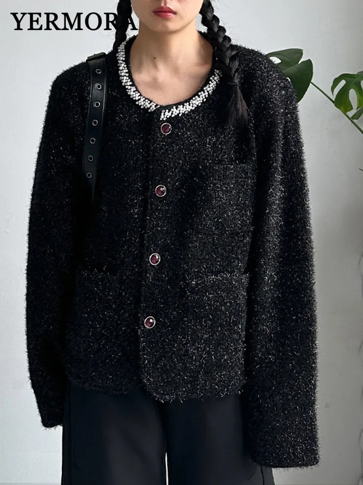 YERMORA Black Pocket Button Beads Casual Jacket O-neck Long Sleeve Loose New Thick Coat Fashion Tide Spring Autumn 2025
YERMORA Black Pocket Button Beads Casual Jacket O-neck Long Sleeve Loose New Thick Coat Fashion Tide Spring Autumn 2025